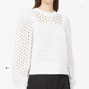 ME+EM Ivory White Puff Sleeve Loose Crochet Knit Crewneck Chunky Cotton Sweater